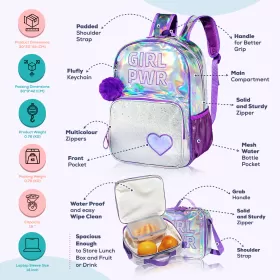 Eazy Kids-18" School Bag Lunch Bag Pencil Case Set of 3 Girl Power-Purple