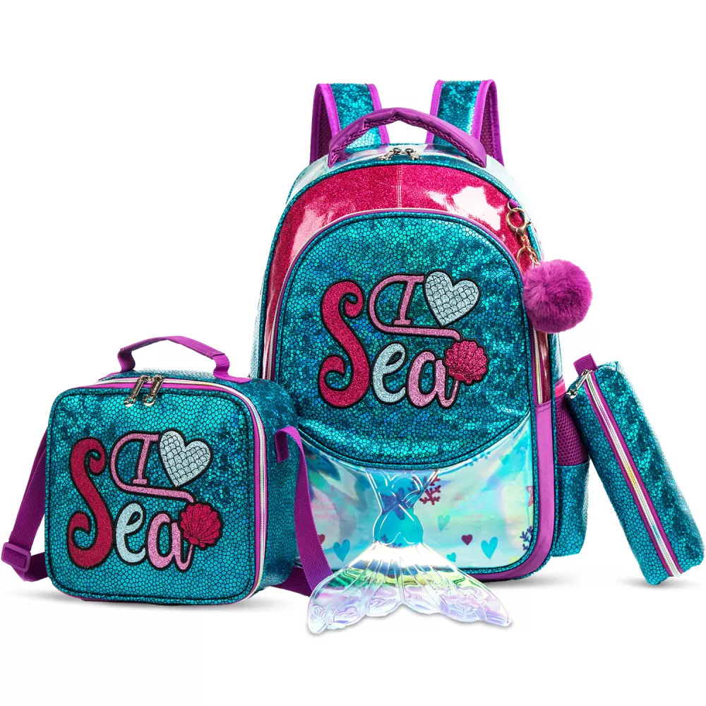 Eazy Kids-17&quot; School Bag Lunch Bag Pencil Case Set of 3 Mermaid Sea-Green
