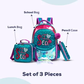 Eazy Kids-17" School Bag Lunch Bag Pencil Case Set of 3 Mermaid Sea-Green