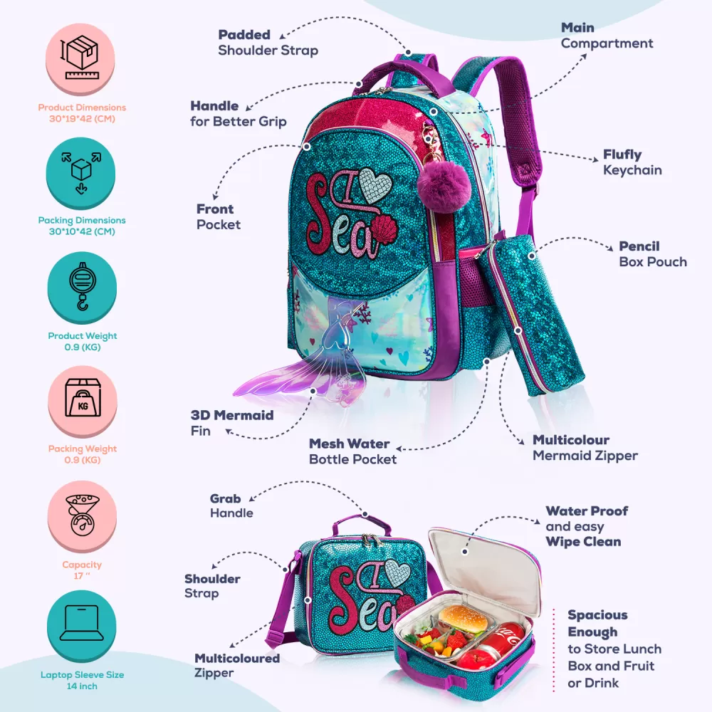 Eazy Kids-17&quot; School Bag Lunch Bag Pencil Case Set of 3 Mermaid Sea-Green