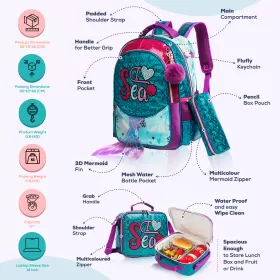 Eazy Kids-17" School Bag Lunch Bag Pencil Case Set of 3 Mermaid Sea-Green