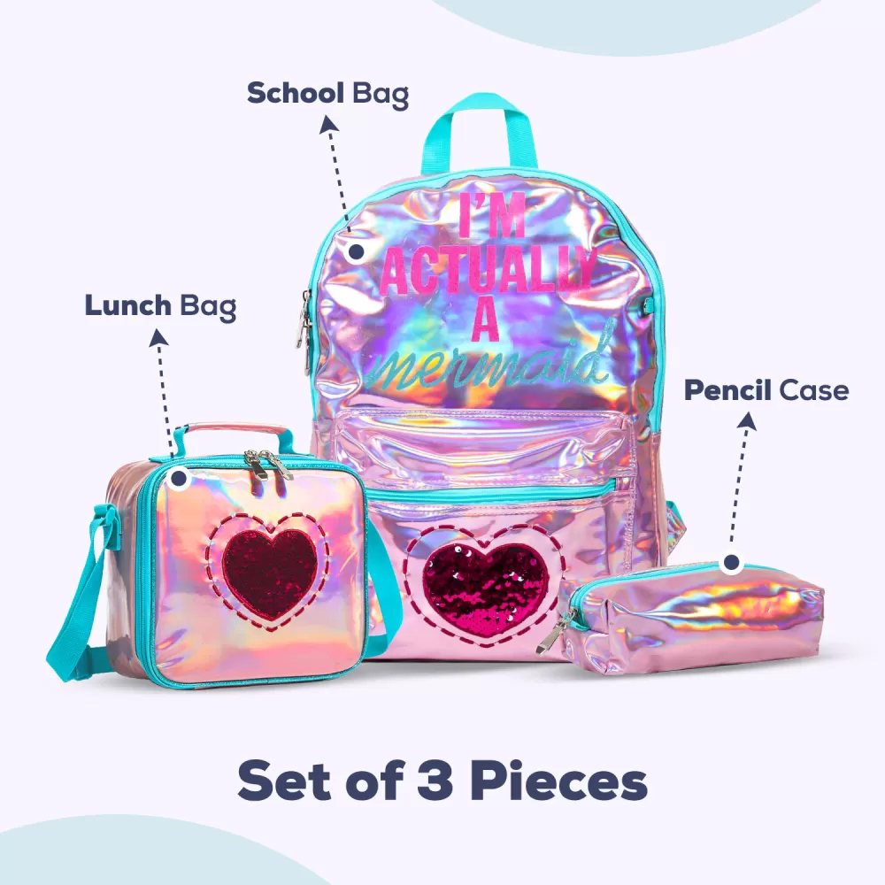 Eazy Kids-17&quot; School Bag Lunch Bag Pencil Case Set of 3 Mermaid Love-Pink