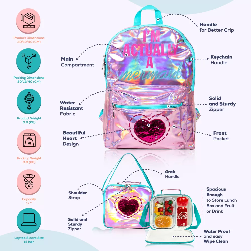 Eazy Kids-17&quot; School Bag Lunch Bag Pencil Case Set of 3 Mermaid Love-Pink