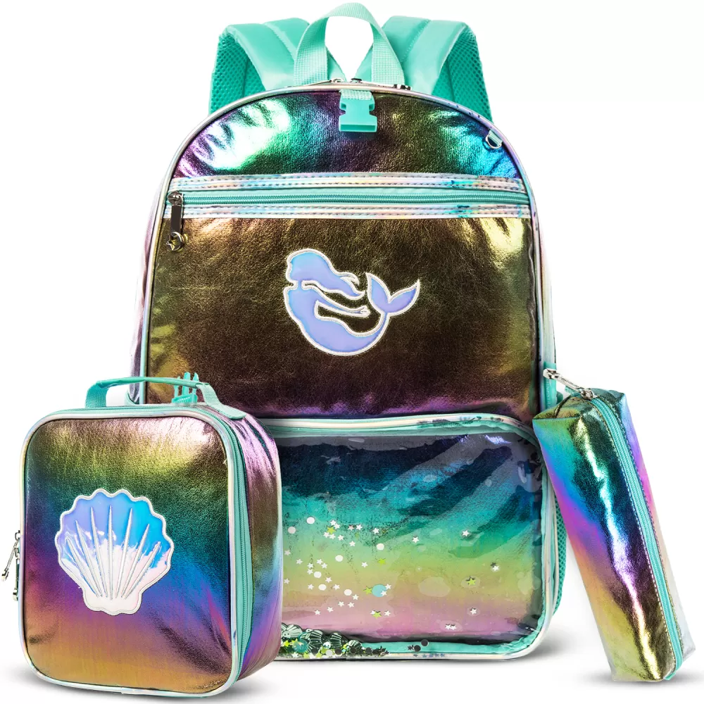 Eazy Kids-17&quot; School Bag Lunch Bag Pencil Case Set of 3 Mermaid Shell-Green
