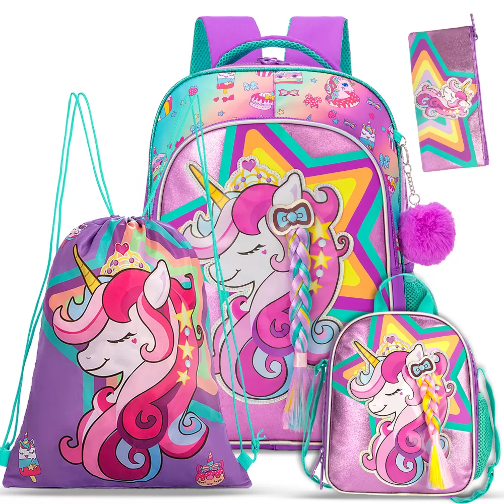 Eazy Kids 18&quot; Set of 4 School Bag Lunch Bag Activity Bag &amp; Pencil Case Unicorn - Pink