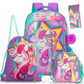 Eazy Kids 18" Set of 4 School Bag Lunch Bag Activity Bag & Pencil Case Unicorn - Pink