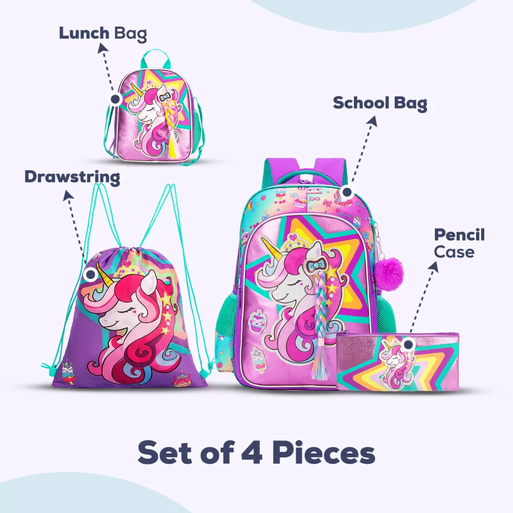 Eazy Kids 18&quot; Set of 4 School Bag Lunch Bag Activity Bag &amp; Pencil Case Unicorn - Pink