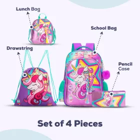 Eazy Kids 18" Set of 4 School Bag Lunch Bag Activity Bag & Pencil Case Unicorn - Pink