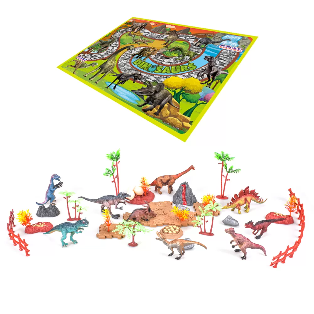 Little Story Toy 18Pcs Dino World Set With 9Pcs Dinosaur Scene Carpet and Accessories-Multicolor