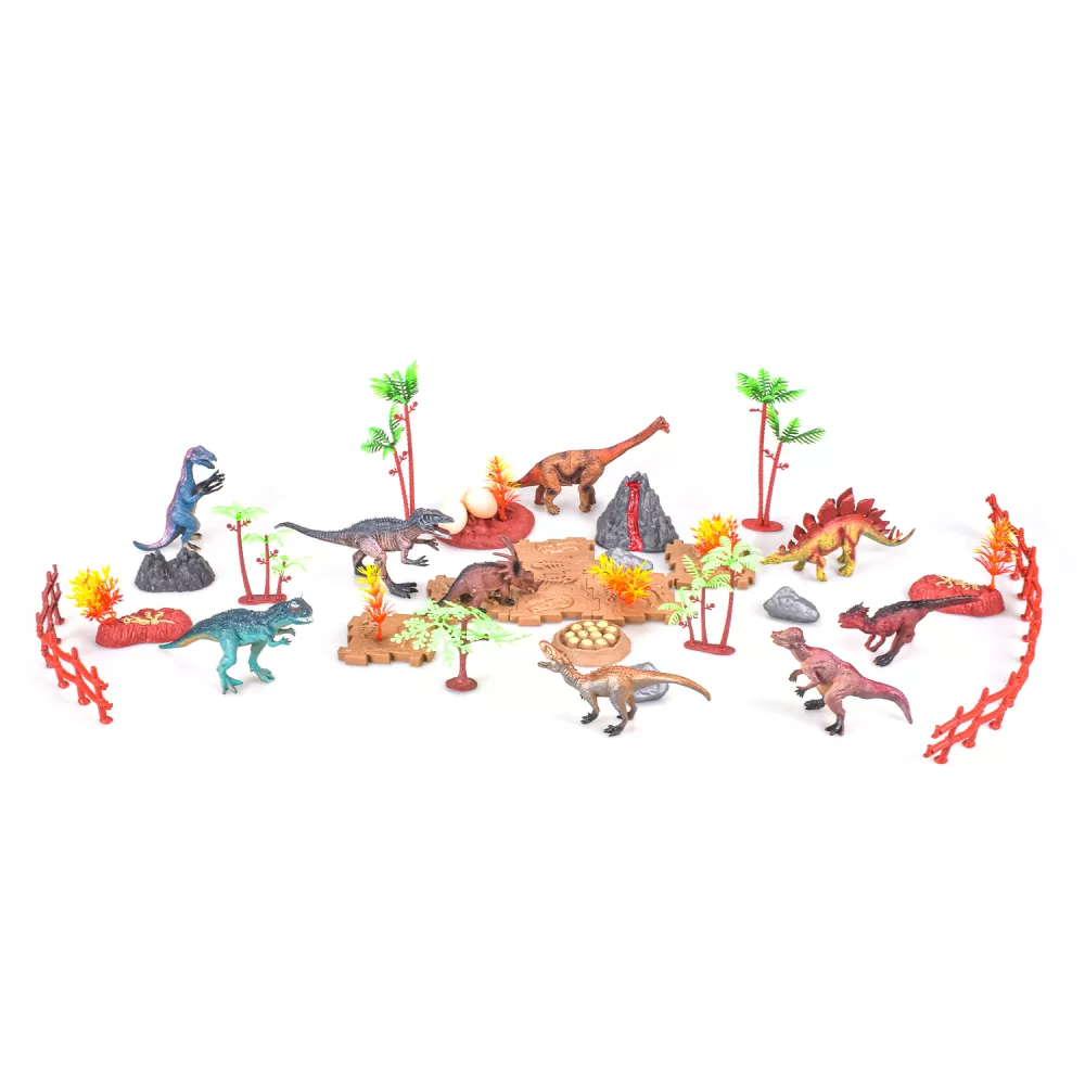 Little Story Toy 18Pcs Dino World Set With 9Pcs Dinosaur Scene Carpet and Accessories-Multicolor