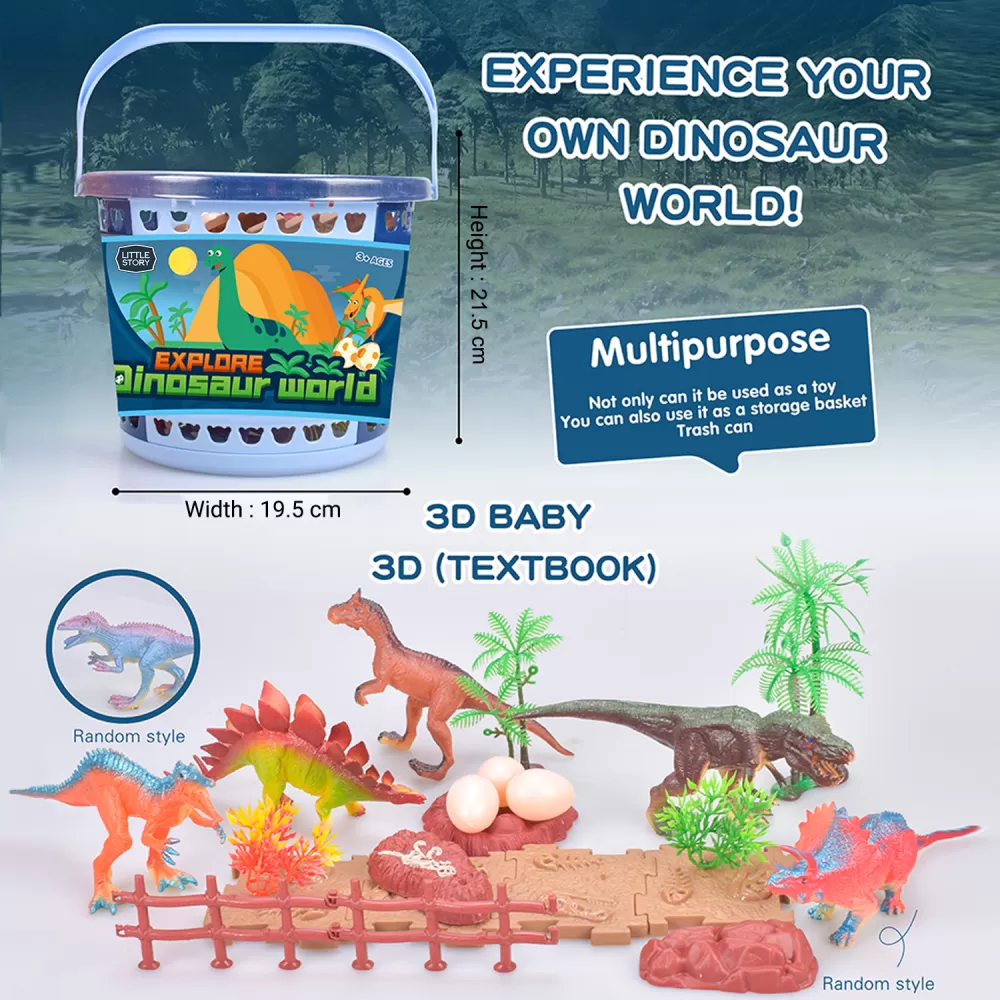 Little Story 21Pcs Dinosaur World Bucket Set With 5Pcs Dinosaur 3Pcs Egg and Scene Accessories and 1 Basket-Multicolor