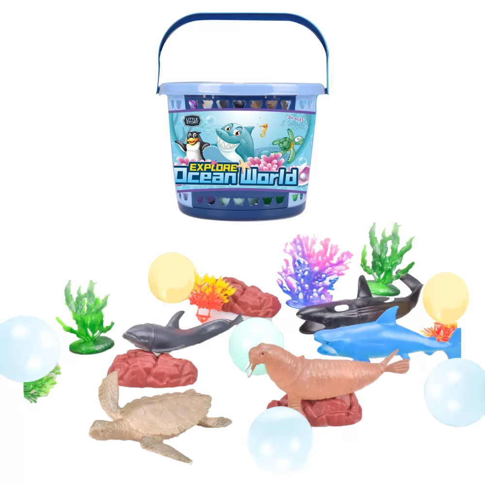 Little Story 21Pcs Ocean World Bucket Set 5Pcs With Marine Animal 5Pcs Ocean Ball Accessories and 1 Basket-Multicolor