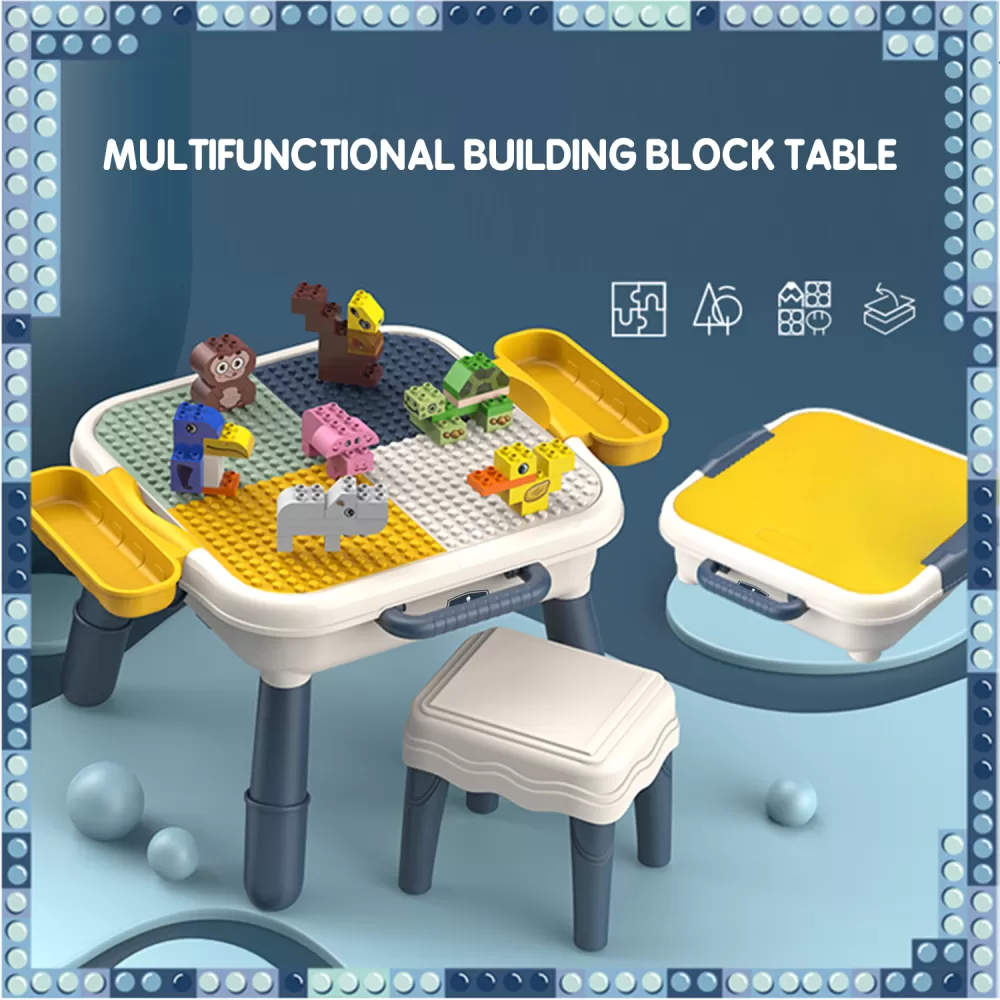Little Story 4 In 1 Block Activity Table With Stool and Blocks - Blue