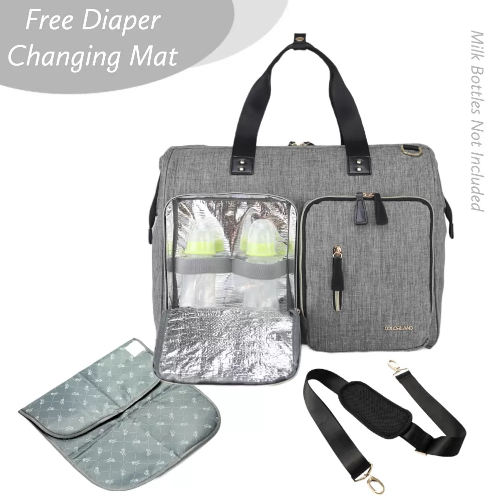 Little Story Gabrielle Mom Dad XL Travel Diaper Bag w/ Diaper Changing Mat- Grey
