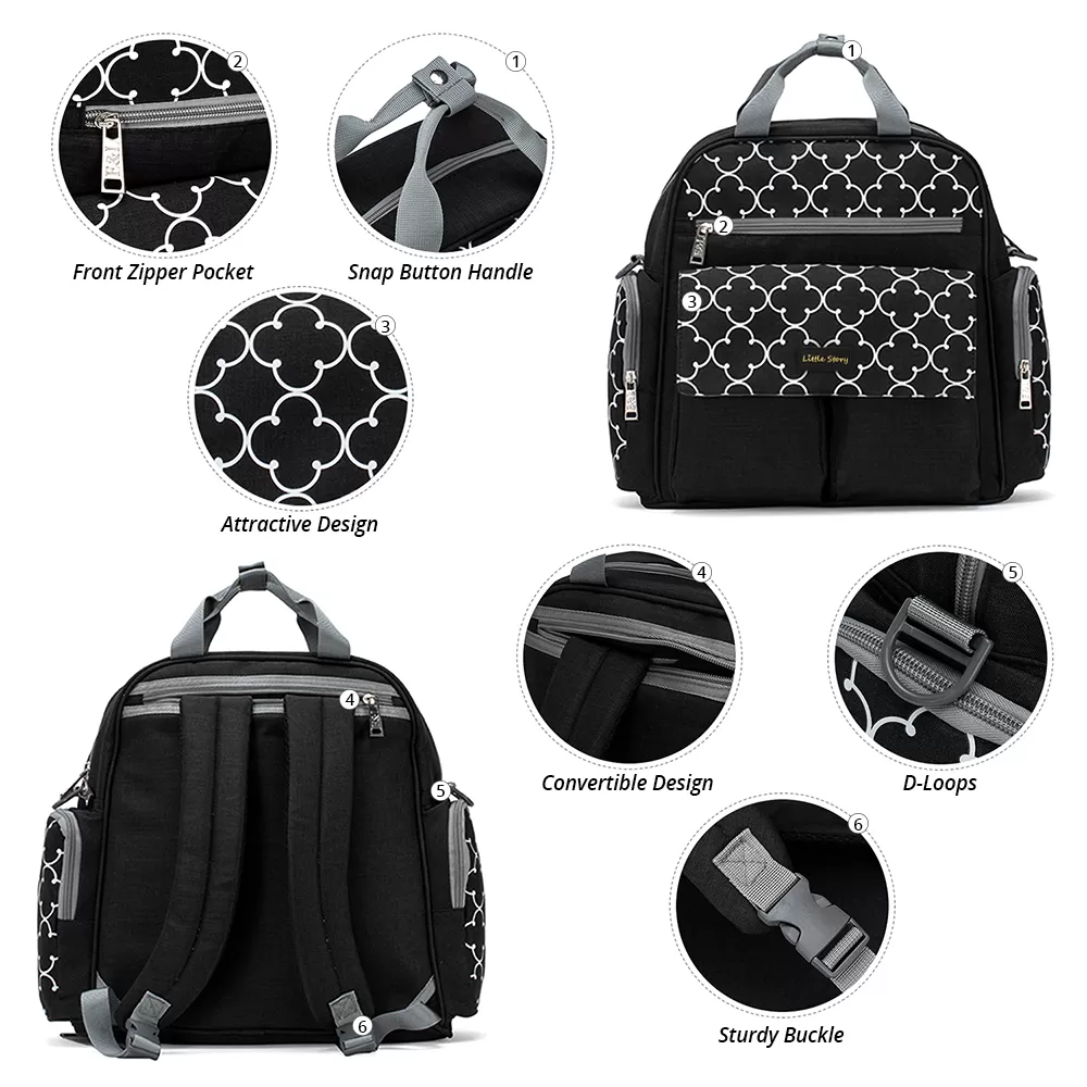Little Story convertible Diaper Bag w/ Zipper Pouch, Stroller Hooks &amp; Changing mat -Black