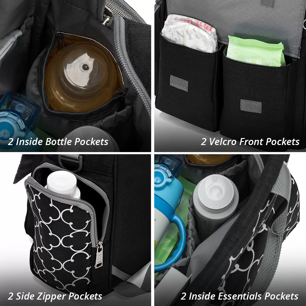Little Story convertible Diaper Bag w/ Zipper Pouch, Stroller Hooks &amp; Changing mat -Black
