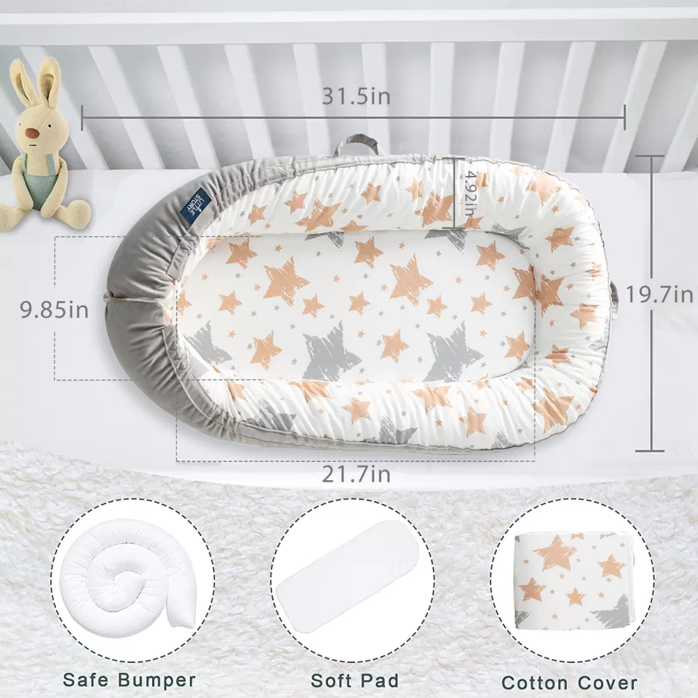 Little Story Soft Breathable Fiberfill Newborn Lounger Bed - Galaxy Grey
