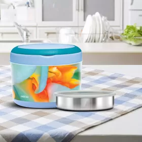 Milton Brunch Insulated Inner Stainless Steel Lunch Box with Additional Plate and Handle 900 ml Floral Blue