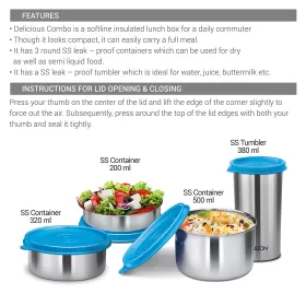 Milton Delicious Combo Stainless Steel Insulated Tiffin Set of 4 (3 Container 1 Tumbler) Grey
