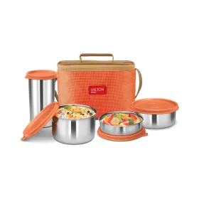 Milton Delicious Combo Stainless Steel Insulated Tiffin Set of 4 (3 Container 1 Tumbler) Orange