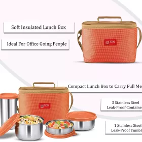 Milton Delicious Combo Stainless Steel Insulated Tiffin Set of 4 (3 Container 1 Tumbler) Orange