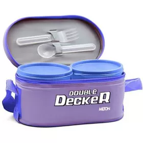 Milton Plastic Double Decker Lunch Box (2 round Container 280ml each; 1 Oval Container 450ml) wt Lunch Bag Purple