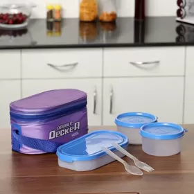 Milton Plastic Double Decker Lunch Box (2 round Container 280ml each; 1 Oval Container 450ml) wt Lunch Bag Purple