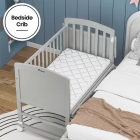 Teknum - 7 in 1 Convertible Kids Bed & Bedside Crib w / Mattress, Mosquito net & Detachable Wheels(0 - 12yrs) - Grey