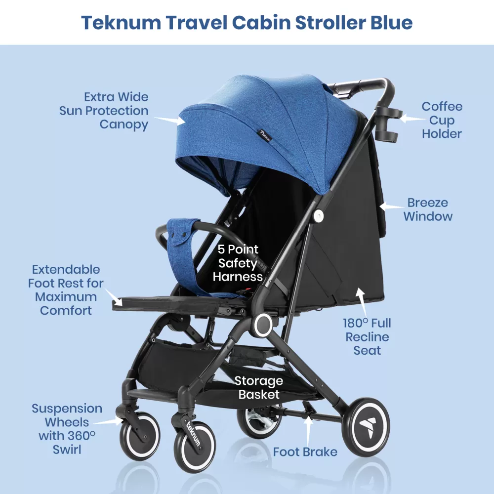 Teknum Travel Cabin Stroller with Coffee Cup Holder - Blue