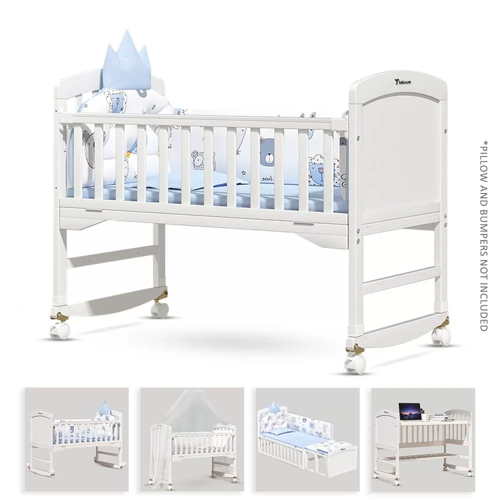 Teknum - 7-in-1 Convertible Kids Bed &amp; Bedside Crib w/ Mattress, Mosquito net &amp; Detachable Wheels(0-12yrs)-White