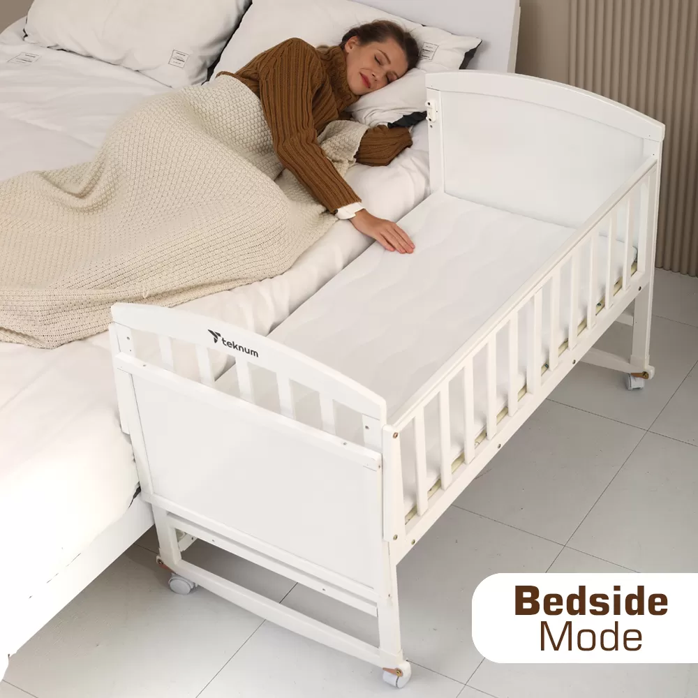 Teknum - 7-in-1 Convertible Kids Bed &amp; Bedside Crib w/ Mattress, Mosquito net &amp; Detachable Wheels(0-12yrs)-White