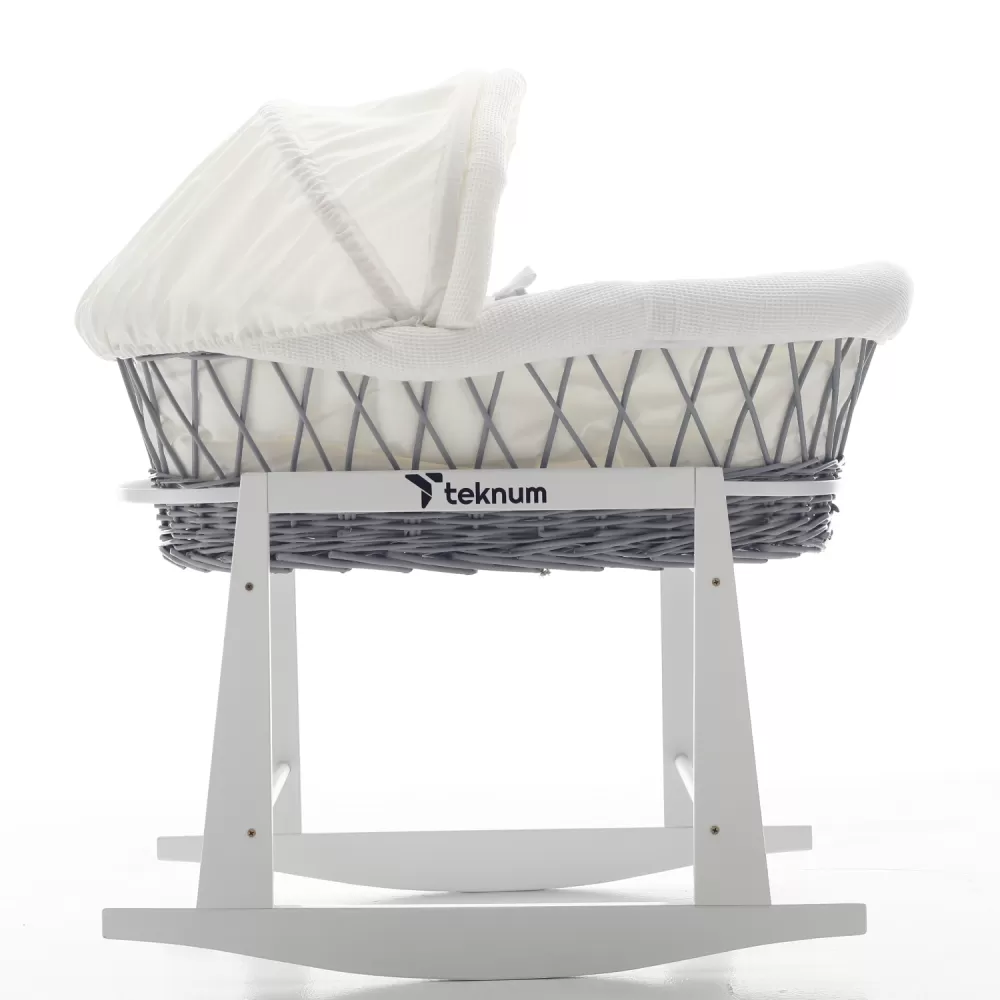 Teknum Infant Wicker Moses Basket with White Waffle Beddings &amp; White Rocker Stand - Wooden Grey