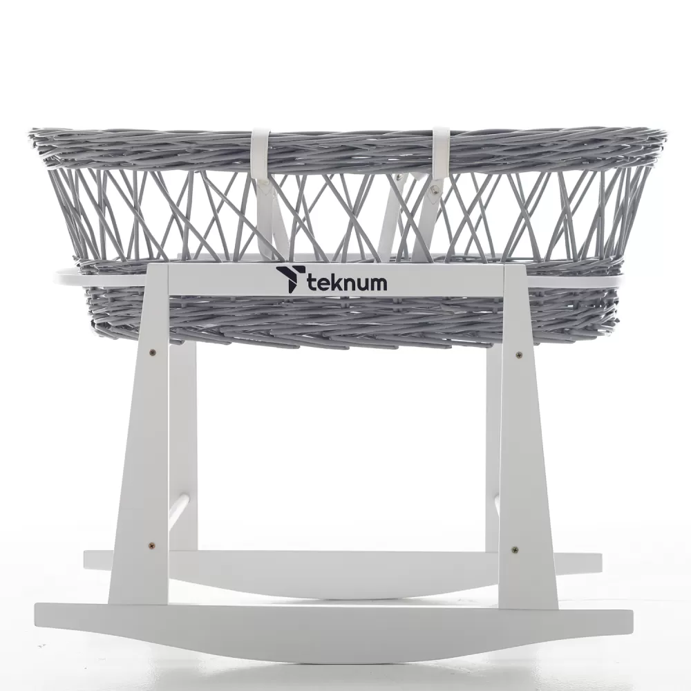 Teknum Infant Wicker Moses Basket with White Waffle Beddings &amp; White Rocker Stand - Wooden Grey