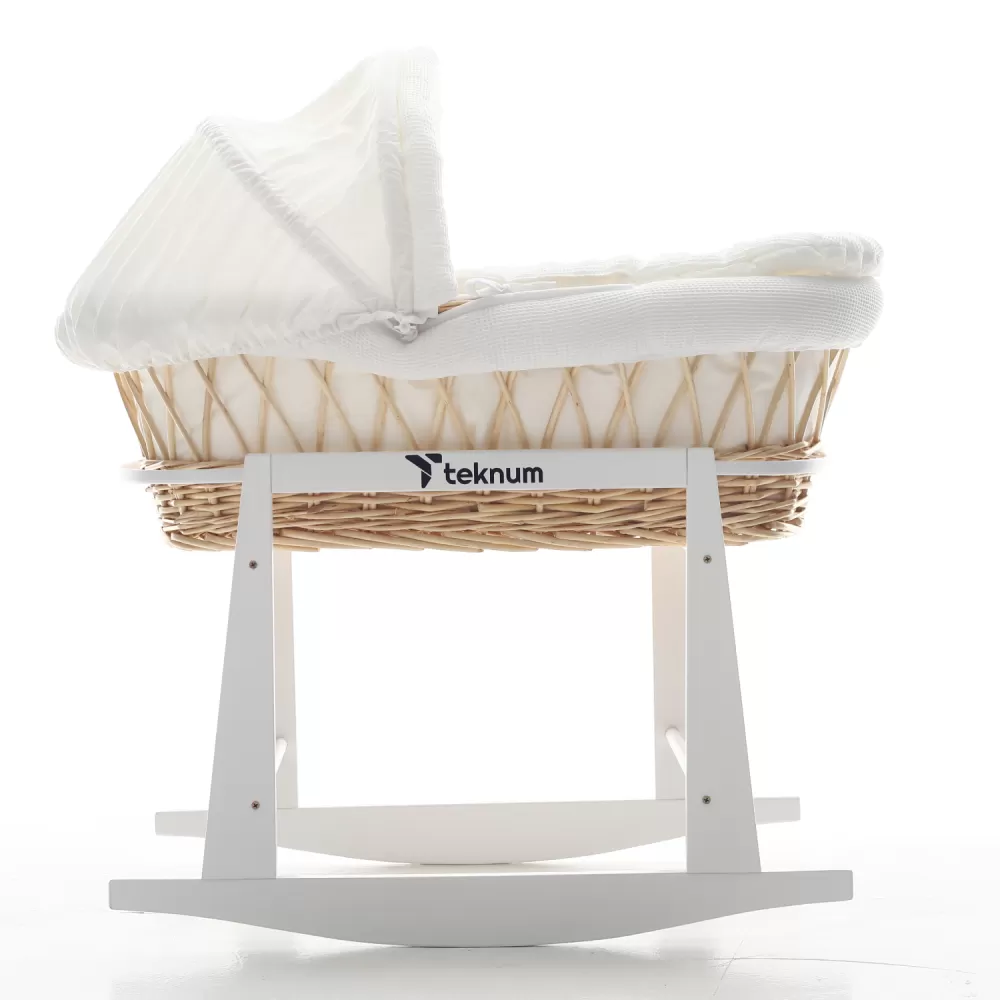 Teknum Infant Wicker Moses Basket with White Waffle Beddings &amp; White Rocker Stand - Wooden Brown