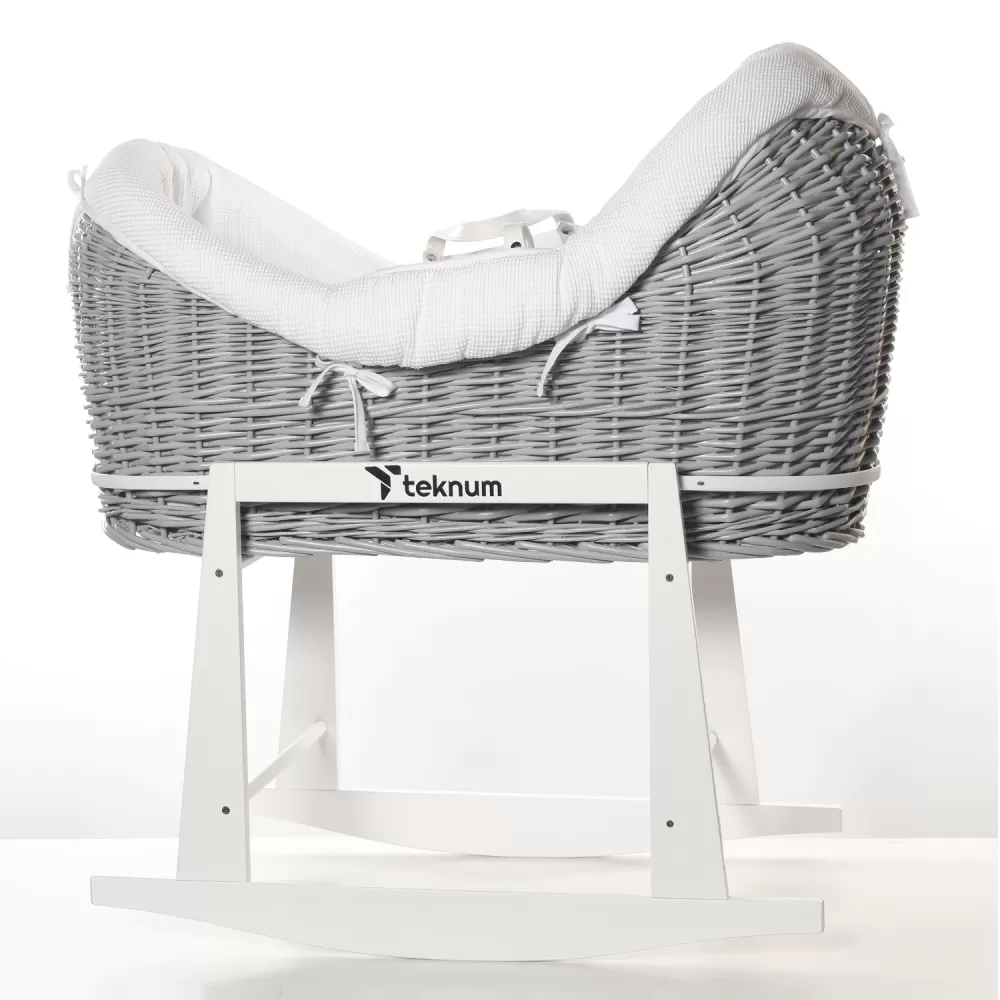 Teknum Infant Wicker Pod Moses Basket with White Waffle Beddings &amp; White Rocker Stand - Wooden Grey